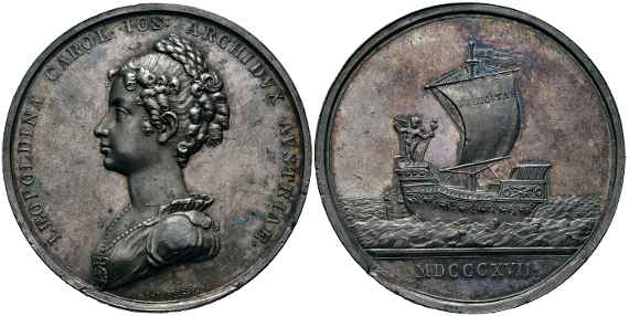 Vorder- und Rückseite einer Münze mit dem Profilrelief Erzherzogin Leopoldines und einem Segelschiff