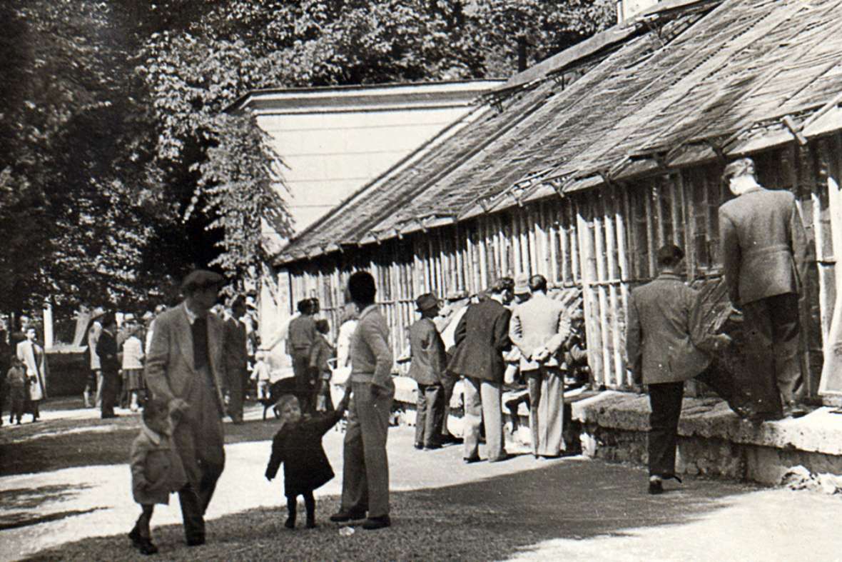 Altes Glashaus und viele Besucherinnen und Besucher