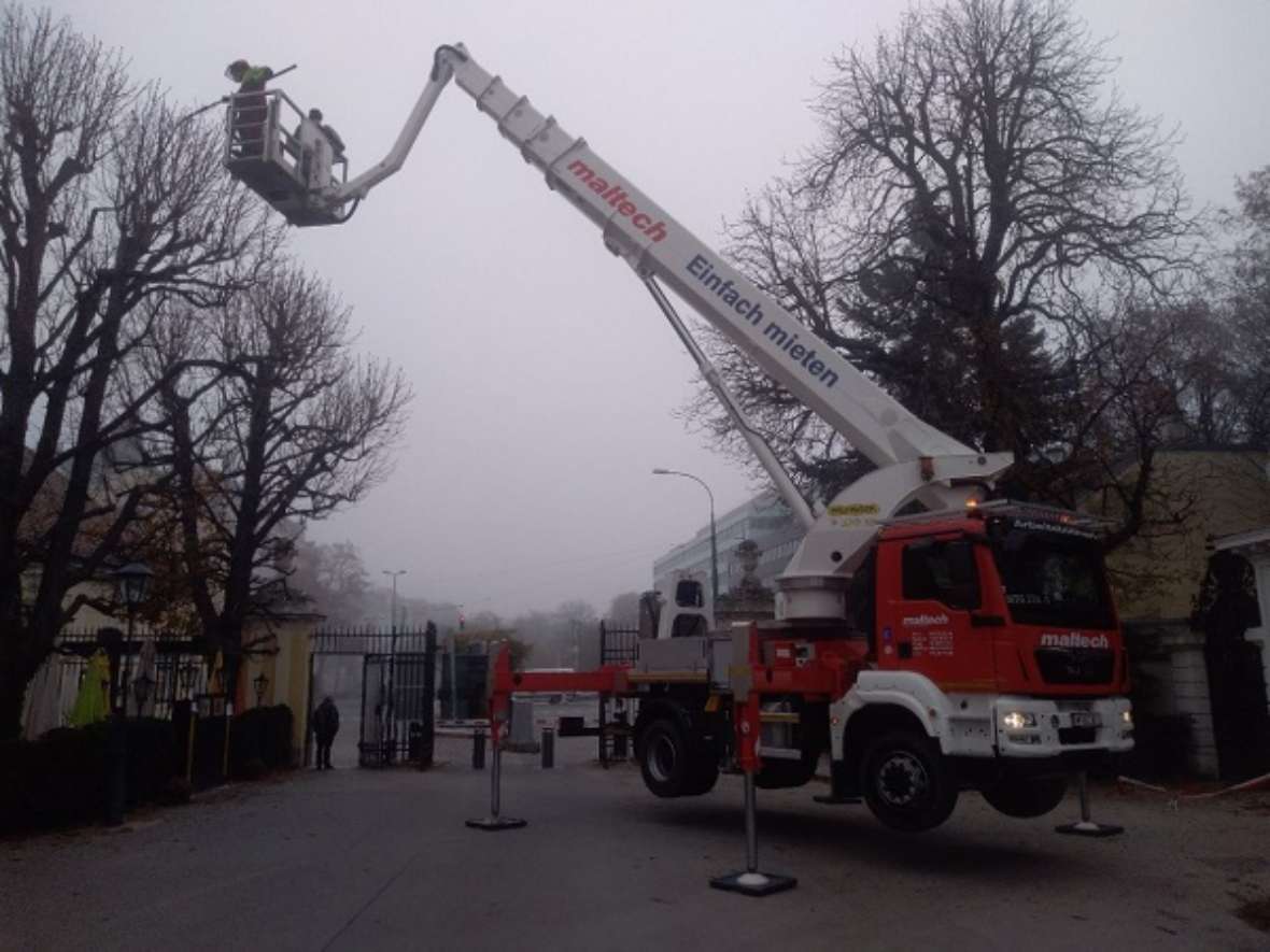 zu sehen ist ein Lastwagen mit einer Hebebühne, zwei Arbeiter stehen in dem Korb der Hebebühne in einigen Metern Höhe und schneiden Äste eines großen Baumes