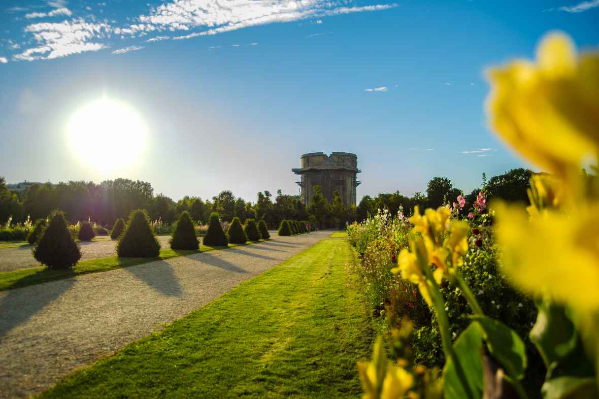 Blumenpaterre Augarten, im Hintergrund der Flakturm