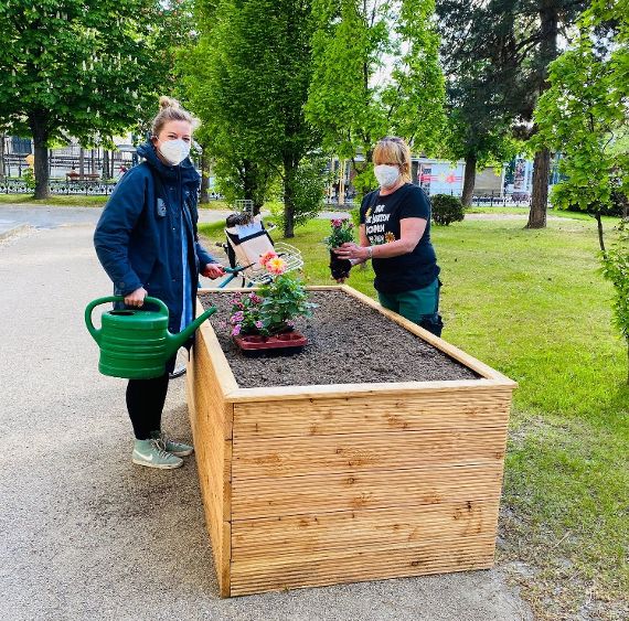 Zwei Frauen setzen Jungpflanzen in ein Hochbeet